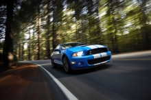 Синий Ford Mustang пролетает по идеальному покрытию через лес